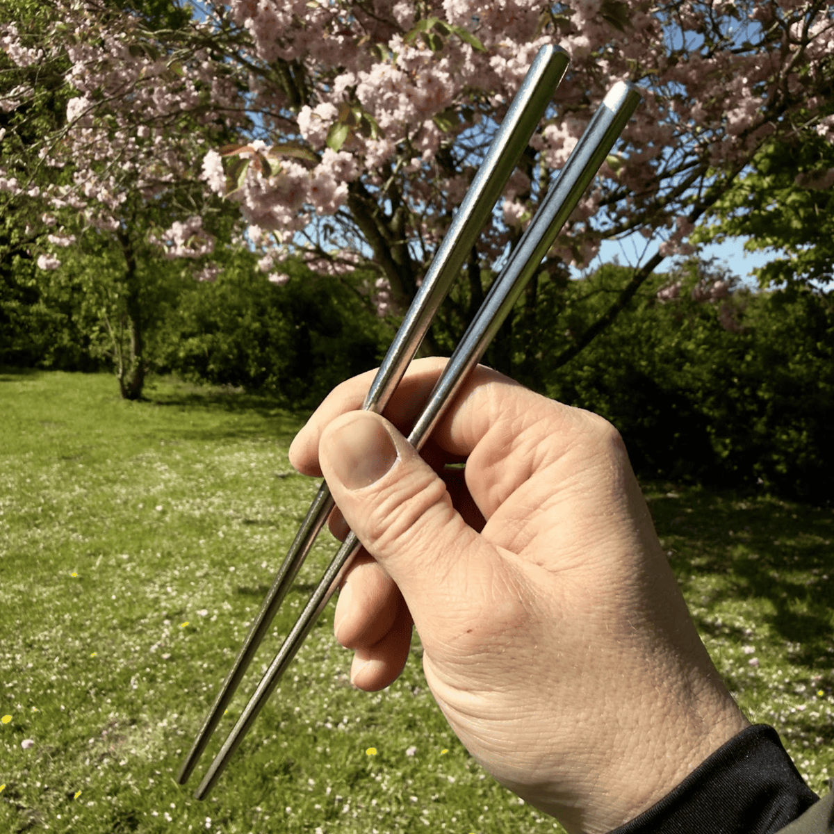 SilverAnt Ultralight Titanium Crystallized Chopsticks - on hand, actual product photo, in the outdoors