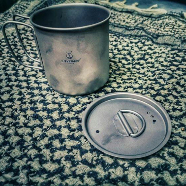 
                  
                    SilverAnt Ultralight Titanium Cup With Lid 4 Sizes - 400ml - Actual product photo, placed on a clothed flat surface, lifestyle shot
                  
                
