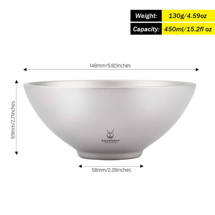 SilverAnt Ultralight Titanium Double-Wall Bowl - 450ml / 15.2fl oz, Sandblasted, with weight, dimensions, and capacity