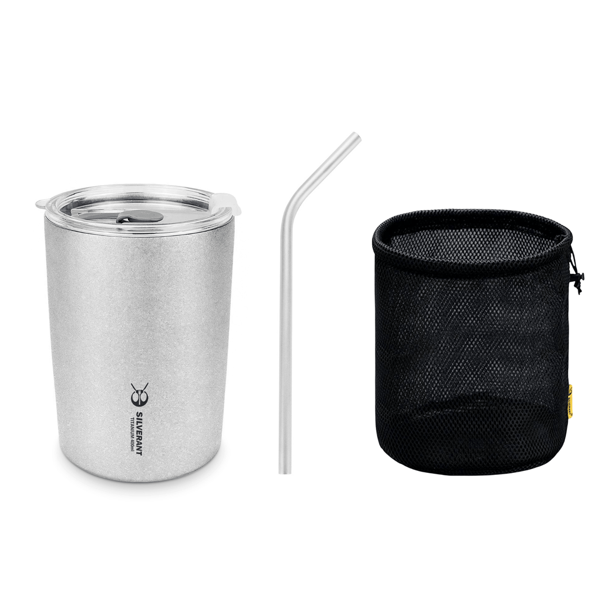 SilverAnt Ultralight Titanium Double-Wall Coffee Cup 400ml/14 fl oz Crystallized with Straw and black drawstring pouch included with purchase