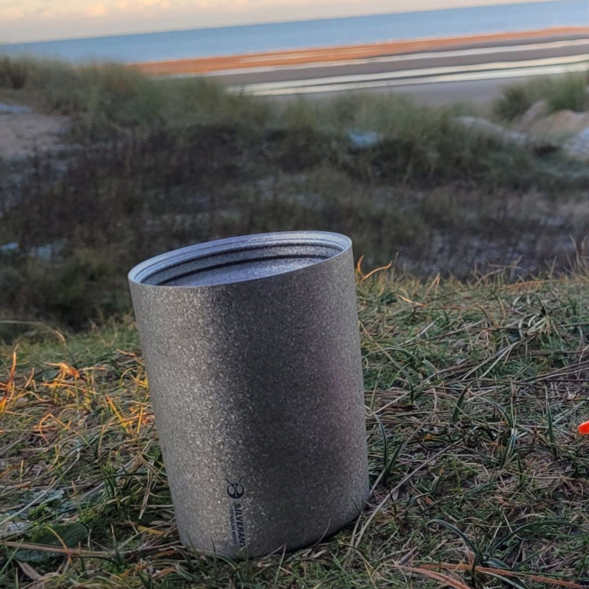 SilverAnt Ultralight Titanium Double-Wall Coffee Cup 400ml/14 fl oz Crystallized - lifestyle shot, actual product photo, beautiful view in the background
