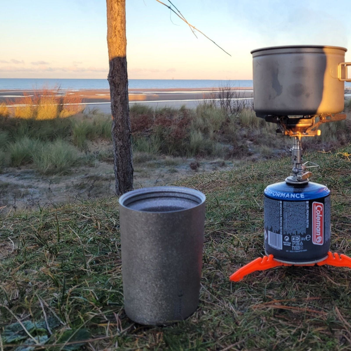 SilverAnt Ultralight Titanium Double-Wall Coffee Cup 400ml/14 fl oz Crystallized - Actual product photo, in use, real life setting, lifestyle shot