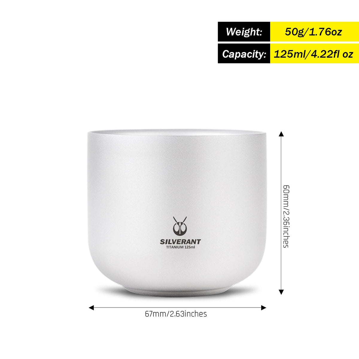 SilverAnt Ultralight Titanium Double Wall Cup 125ml/4.22 fl oz Sandblasted - weight, dimensions, and capacity