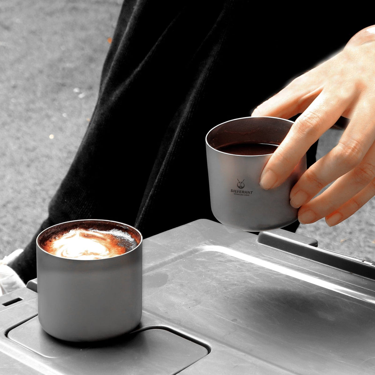 SilverAnt Titanium Double Wall Espresso Coffee Cup 110ml/3.71 fl oz Without Handle - Actual product photo, real life still, in use, on hand, lifestyle shot, camp coffee, camp coffee set-up