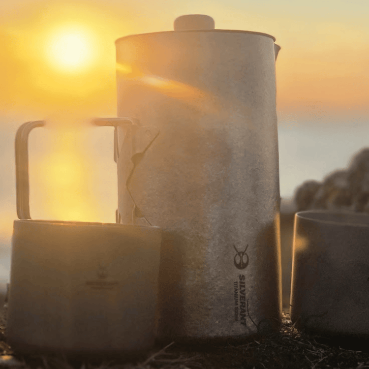 
                  
                    SilverAnt Ultralight Titanium Double Wall Espresso Coffee Cup 110ml/3.71 fl oz Without Handle - Actual product photo, Lifestyle shot, with SilverAnt Crystallized French Coffee Press and sunset view in background
                  
                
