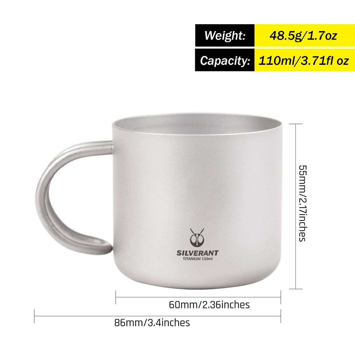 SilverAnt Ultralight Titanium Double Wall Espresso Coffee Cup 110ml/3.71 fl oz With Handle - Weight, dimensions, and capacity