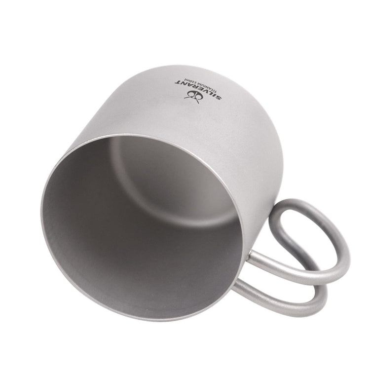 
                  
                    SilverAnt Ultralight Titanium Double Wall Espresso Coffee Cup 110ml/3.71 fl oz With Handle - Upside down showing the inside of the cup
                  
                