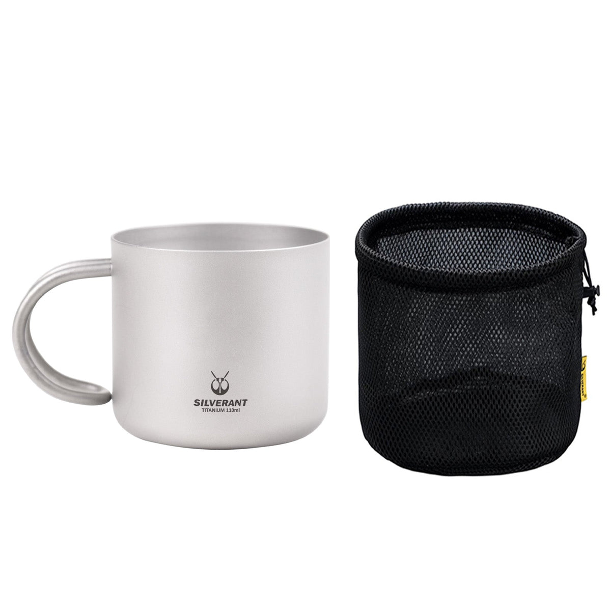 SilverAnt Ultralight Titanium Double Wall Espresso Coffee Cup 110ml/3.71 fl oz With Handle - with black drawstring mesh bag (included with purchase)