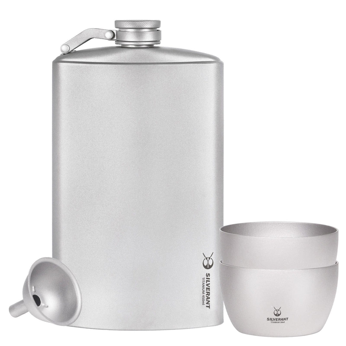 SilverAnt Ultralight Titanium Hip Flask 450ml/15.22 fl oz & Shot Glasses - Main image