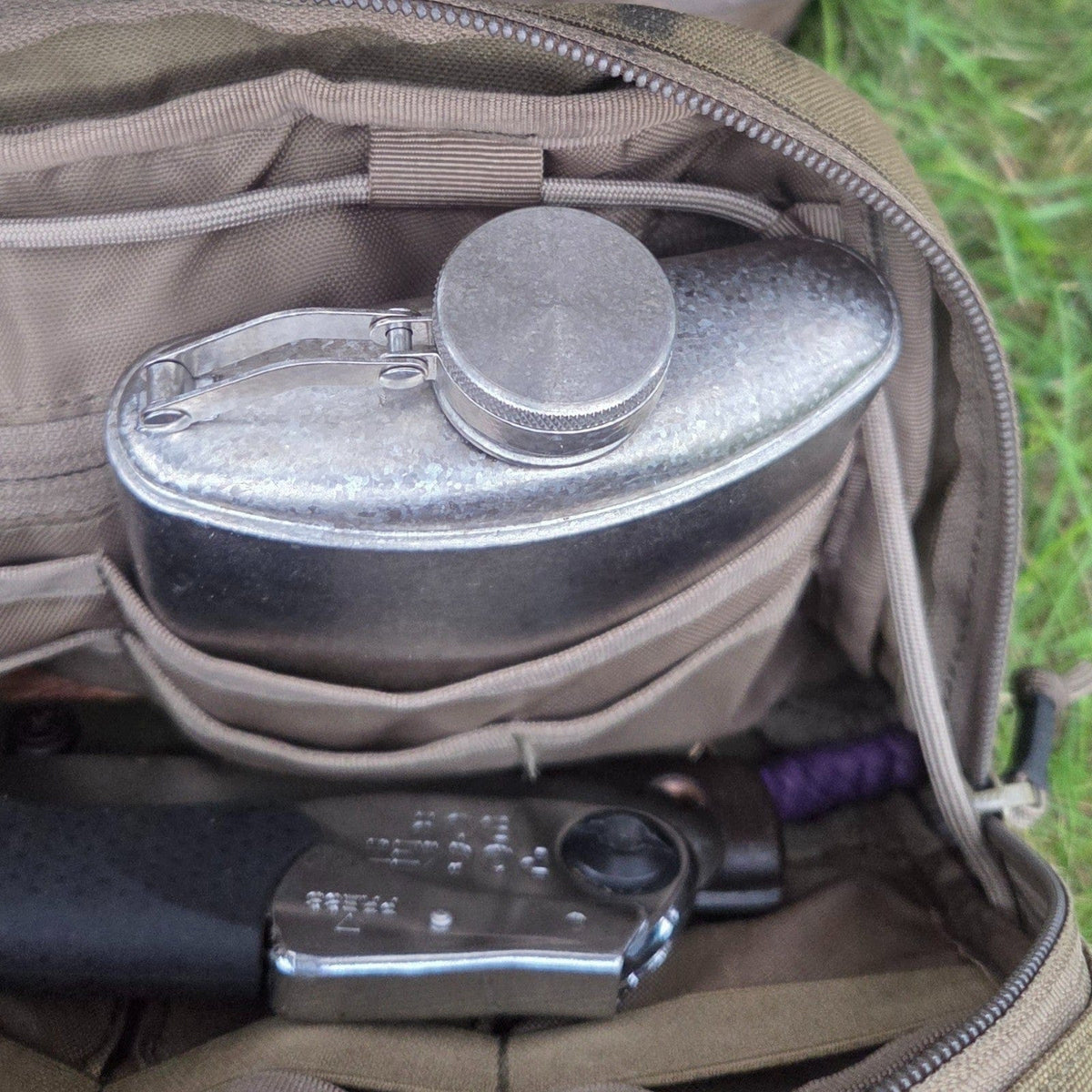 SilverAnt Ultralight Titanium Hip Flask & Funnel - Crystallized 280ml (actual product photo, slot neatly in bag's pocket)