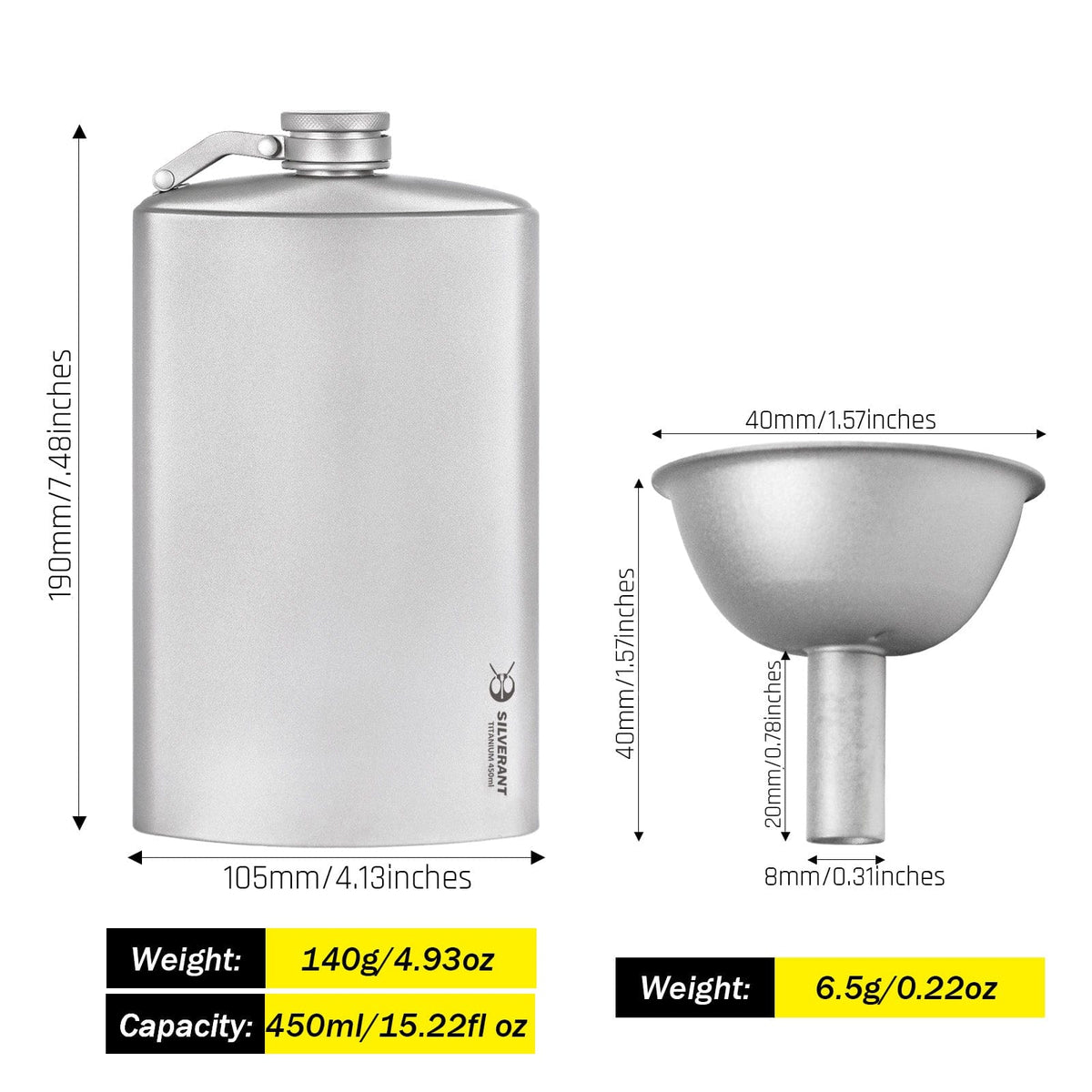 SilverAnt Ultralight Titanium Hip Flask & Funnel - 450ml sandblasted (weight, dimensions, and capacity)