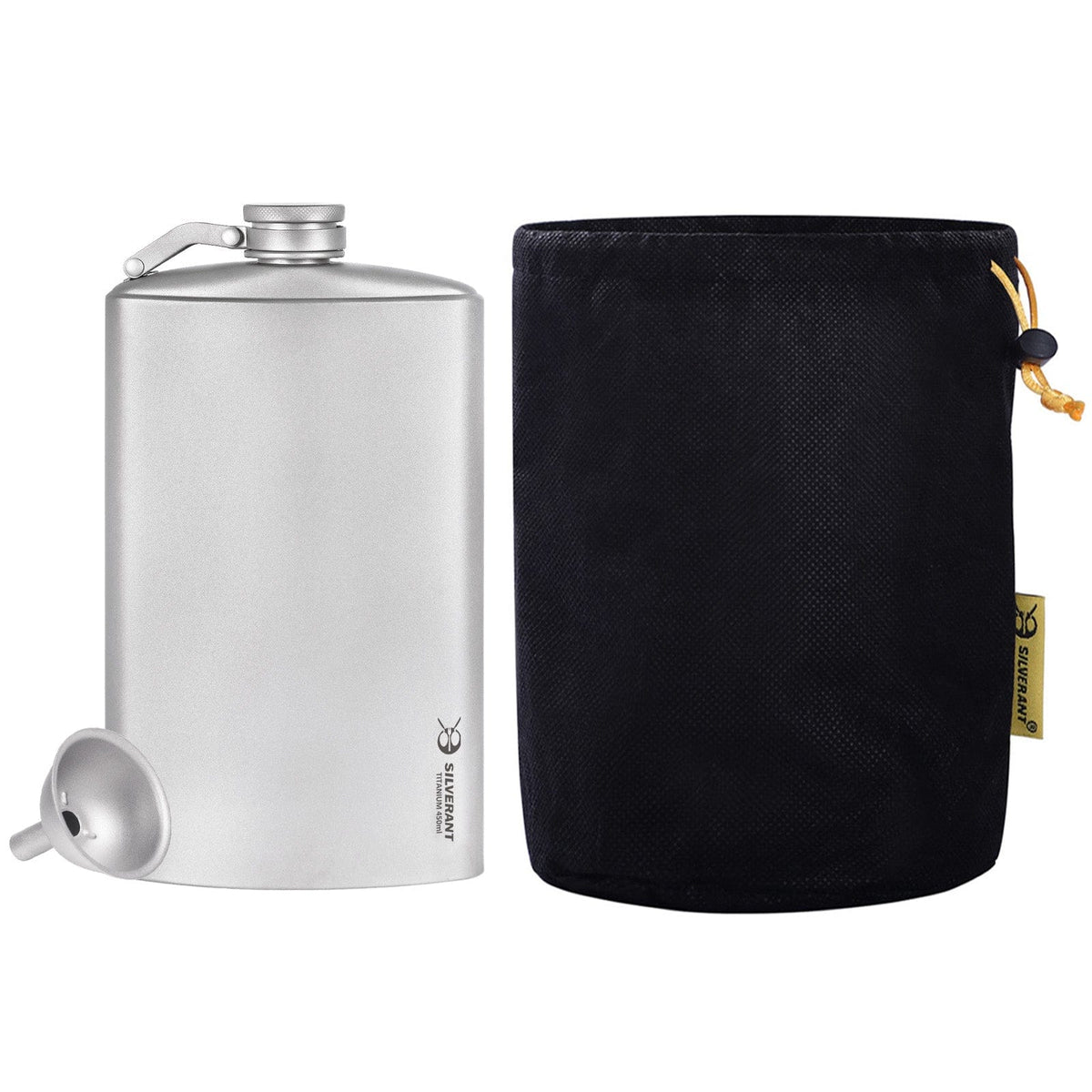 SilverAnt Ultralight Titanium Hip Flask & Funnel - 450ml/15.22 fl oz Sandblasted (with black drawstring mesh bag included with purchases)