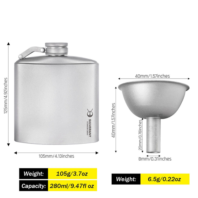 SilverAnt Ultralight Titanium Hip Flask & Funnel - 200ml/9.47fl oz (weight, dimensions, and capacity)