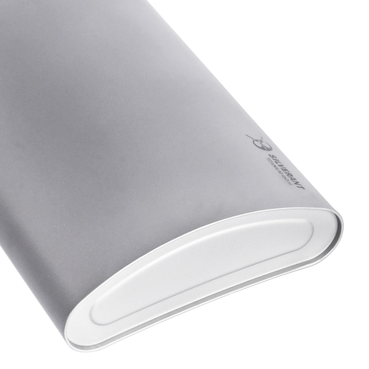 SilverAnt Ultralight Titanium Hip Flask & Funnel - 450ml/15.22 fl oz (Sandblasted) - bottom tilted view, showing close-up look of finish 