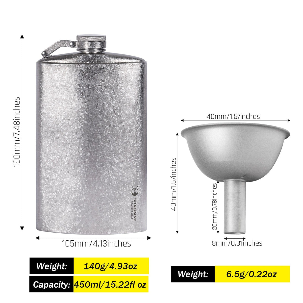 SilverAnt Ultralight Titanium Hip Flask & Funnel - 450ml/15.22 fl oz Crystallized (weight, dimensions, and capacity)