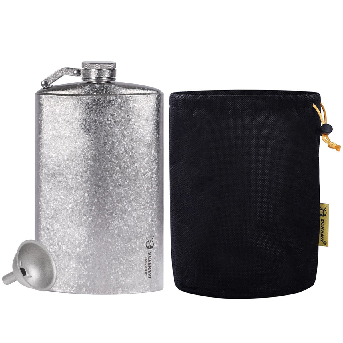 SilverAnt Ultralight Titanium Hip Flask & Funnel - 450ml/15.22 fl oz (Crystallized) with black drawstring mesh bad included with purchase)