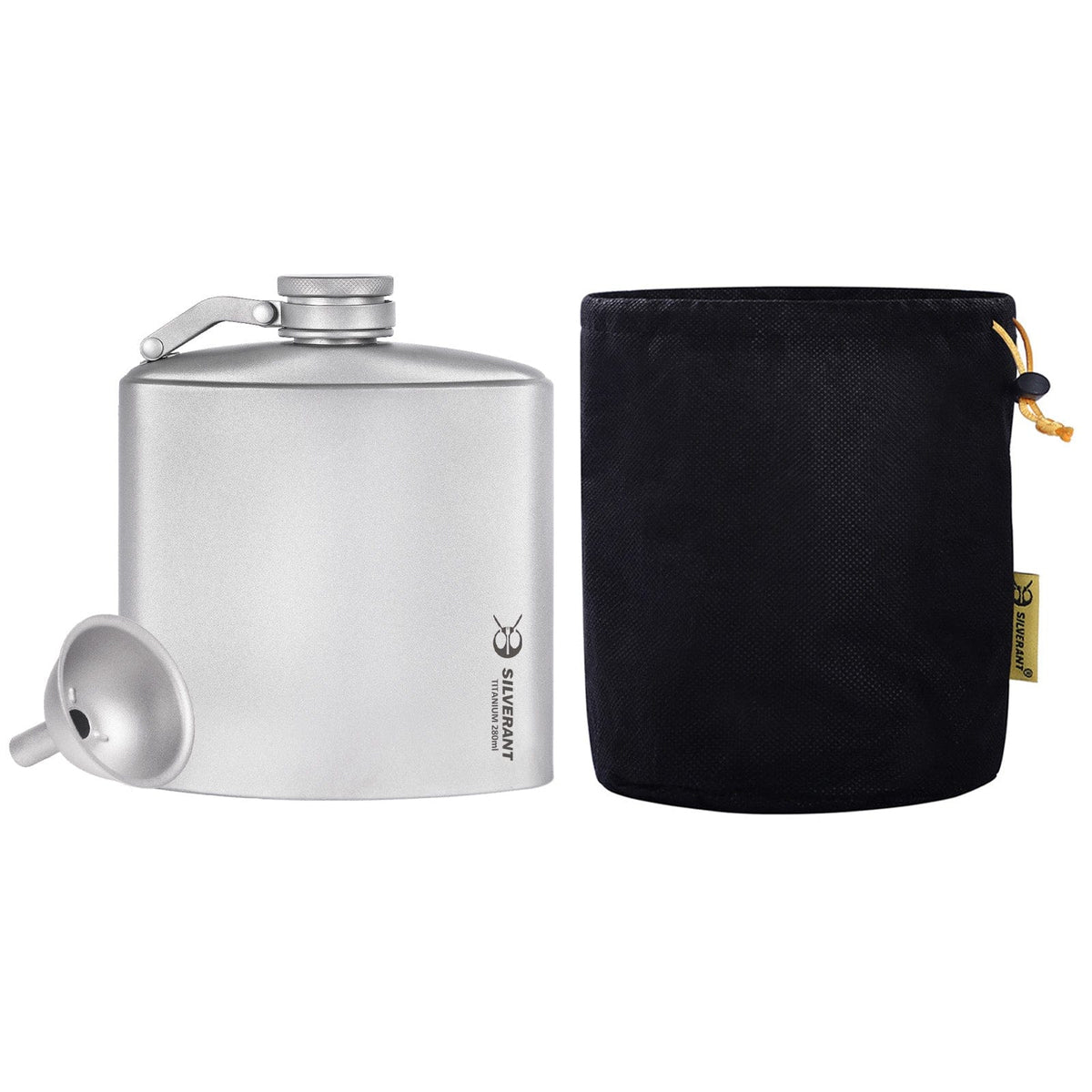 SilverAnt Ultralight Titanium Hip Flask & Funnel - 280 ml with black drawstring mesh bag (included with purchase)
