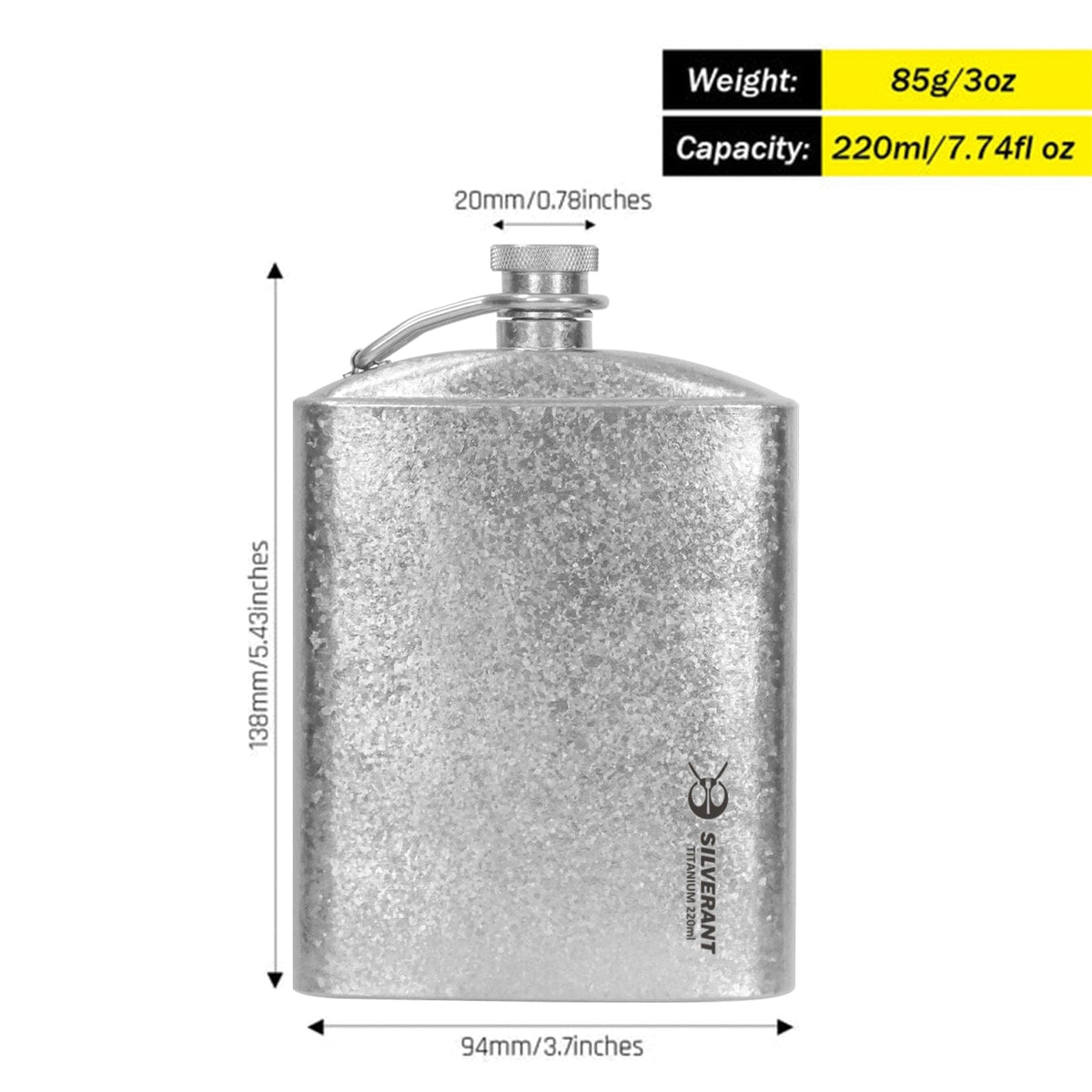 SilverAnt Ultralight Titanium Hip Flask With Funnel 220ml/7.74 fl oz Crystallized (weight, dimensions, and capacity)