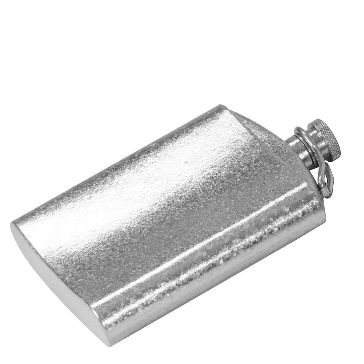 SilverAnt Ultralight Titanium Hip Flask With Funnel 220ml/7.74 fl oz Crystallized (laid down on its side, highlighting the look of the finish)