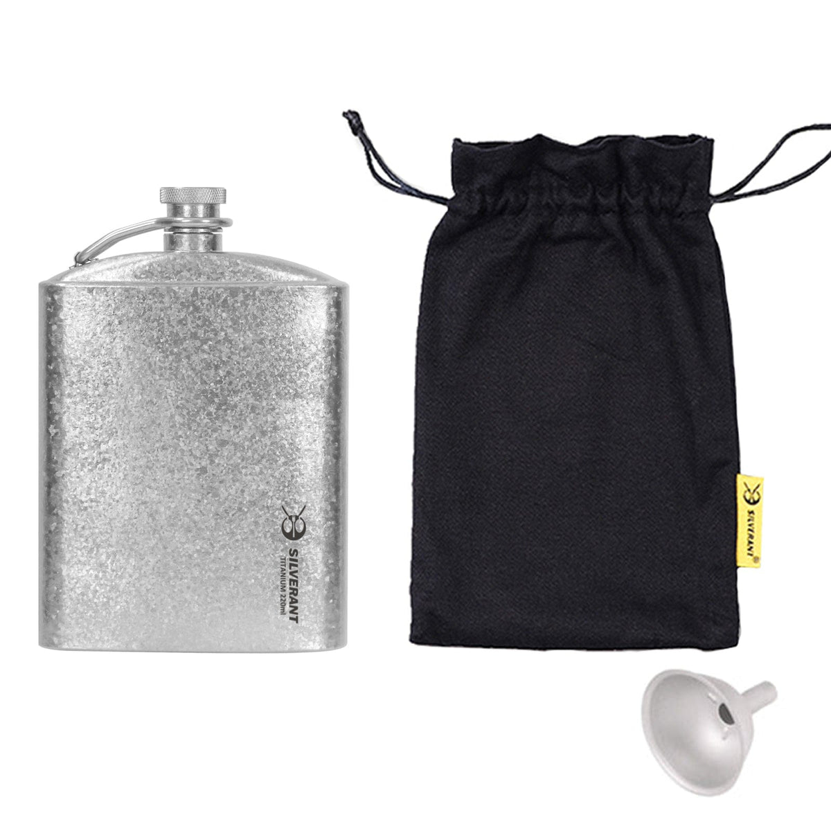 SilverAnt Ultralight Titanium Hip Flask With Funnel 220ml/7.74 fl oz Crystallized (with drawstring mesh bag included with every purchase)