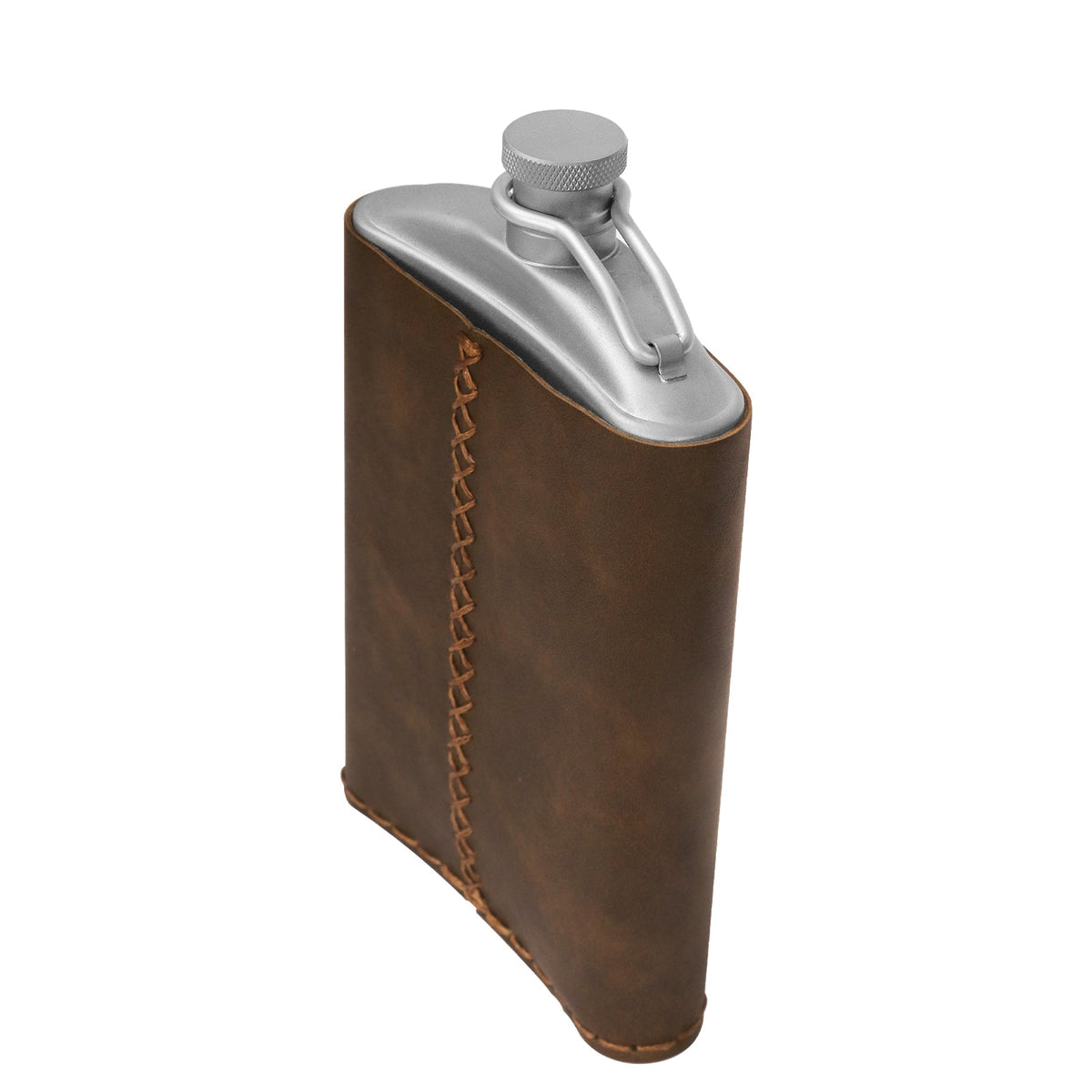 SilverAnt Outdoors Titanium Hip Flask & Funnel - 220ml/7.74 fl oz with PU leather sleeve (angled view, top-side)