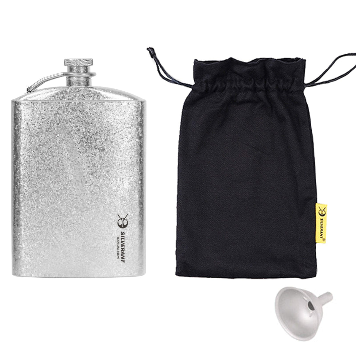 SilverAnt Ultralight Titanium Hip Flask and Funnel 248ml/8.73 fl oz Crystallized (with drawstring mesh bag and funnel)