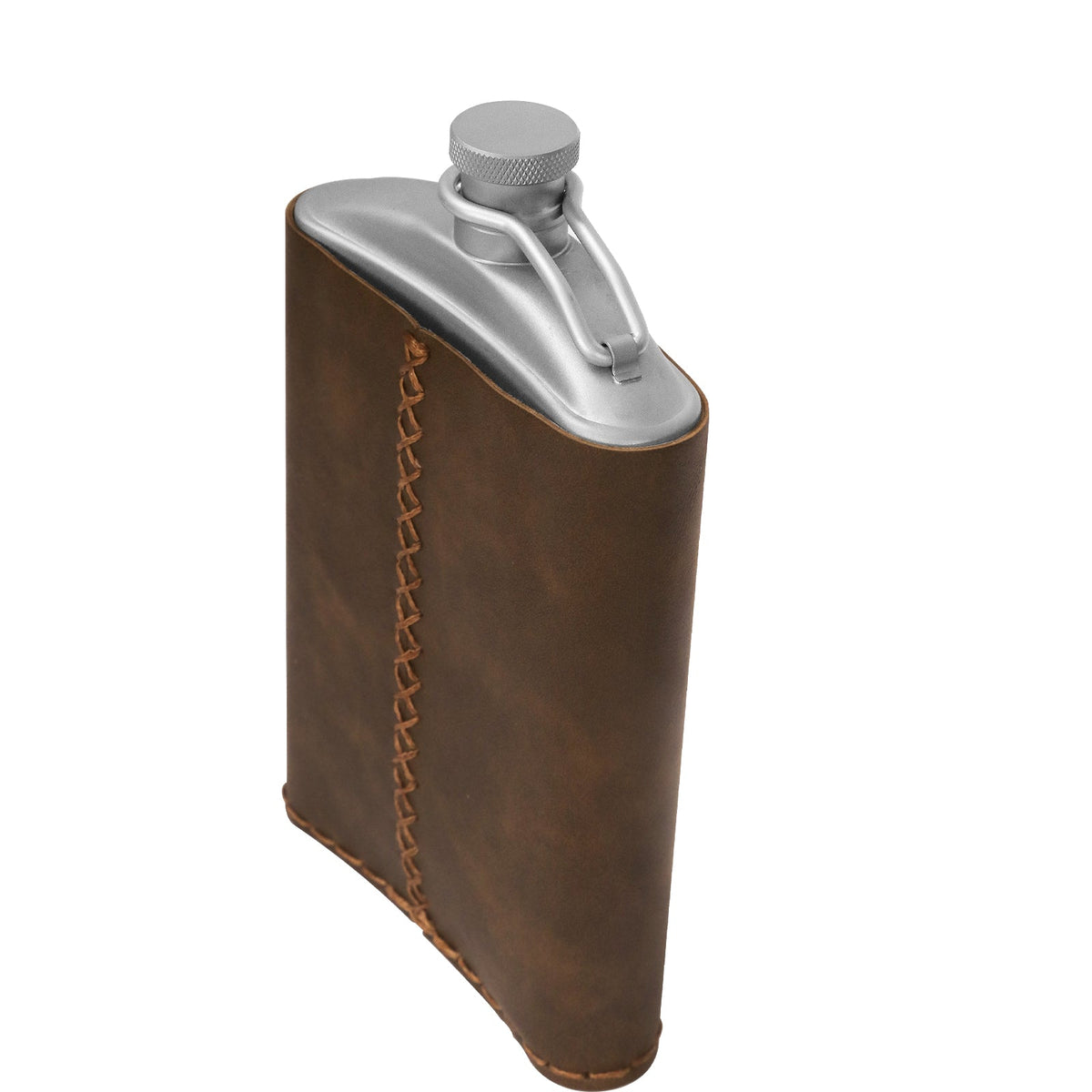 SilverAnt Titanium Hip Flask and Funnel 248ml/8.73 fl oz with PU leather sleeve (top-angled view)