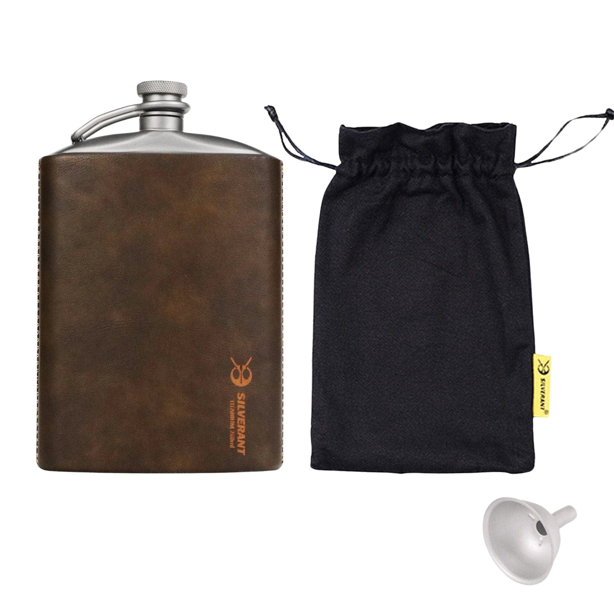 SilverAnt Ultralight Titanium Hip Flask and Funnel 248ml/8.73 fl oz PU Leather Sleeve with drawstring mesh bag and funnel