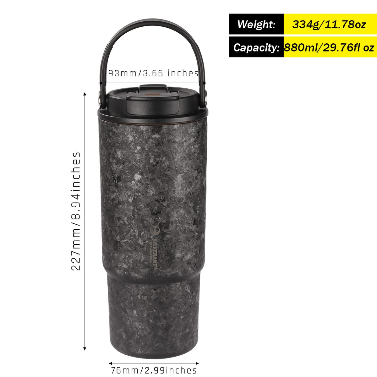 SilverAnt Crystallized Titanium Insulated Tumbler 880ml / 29.76 fl oz – Elegant Black (weight, size, and dimensions)