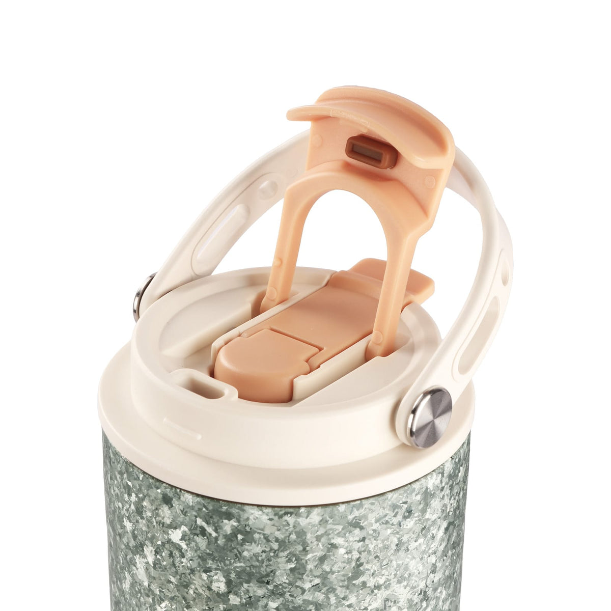 SilverAnt Crystallized Titanium Insulated Tumbler 880ml / 29.76 fl oz - Seafoam Green (close-up of tumbler's top with one of the drinking holes opened)