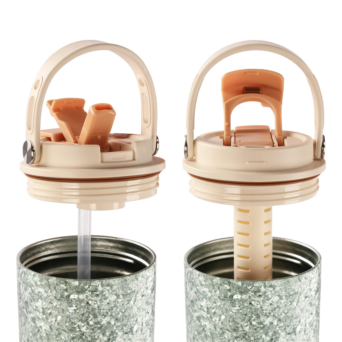 SilverAnt Crystallized Titanium Insulated Tumbler 880ml / 29.76 fl oz - Seafoam Green (side-by-side showing all parts/components, lid, cap, handle, straw, filter)
