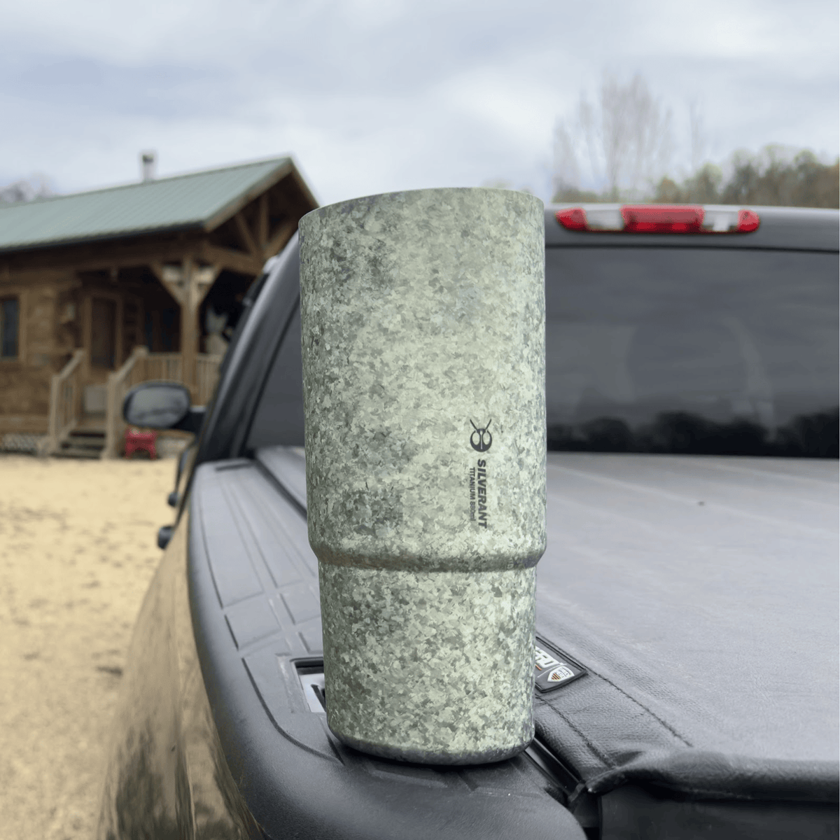 SilverAnt Crystallized Titanium Insulated Tumbler 880ml / 29.76 fl oz - Seafoam Green (actual product photo, placed on top of pick-up truck's rear)