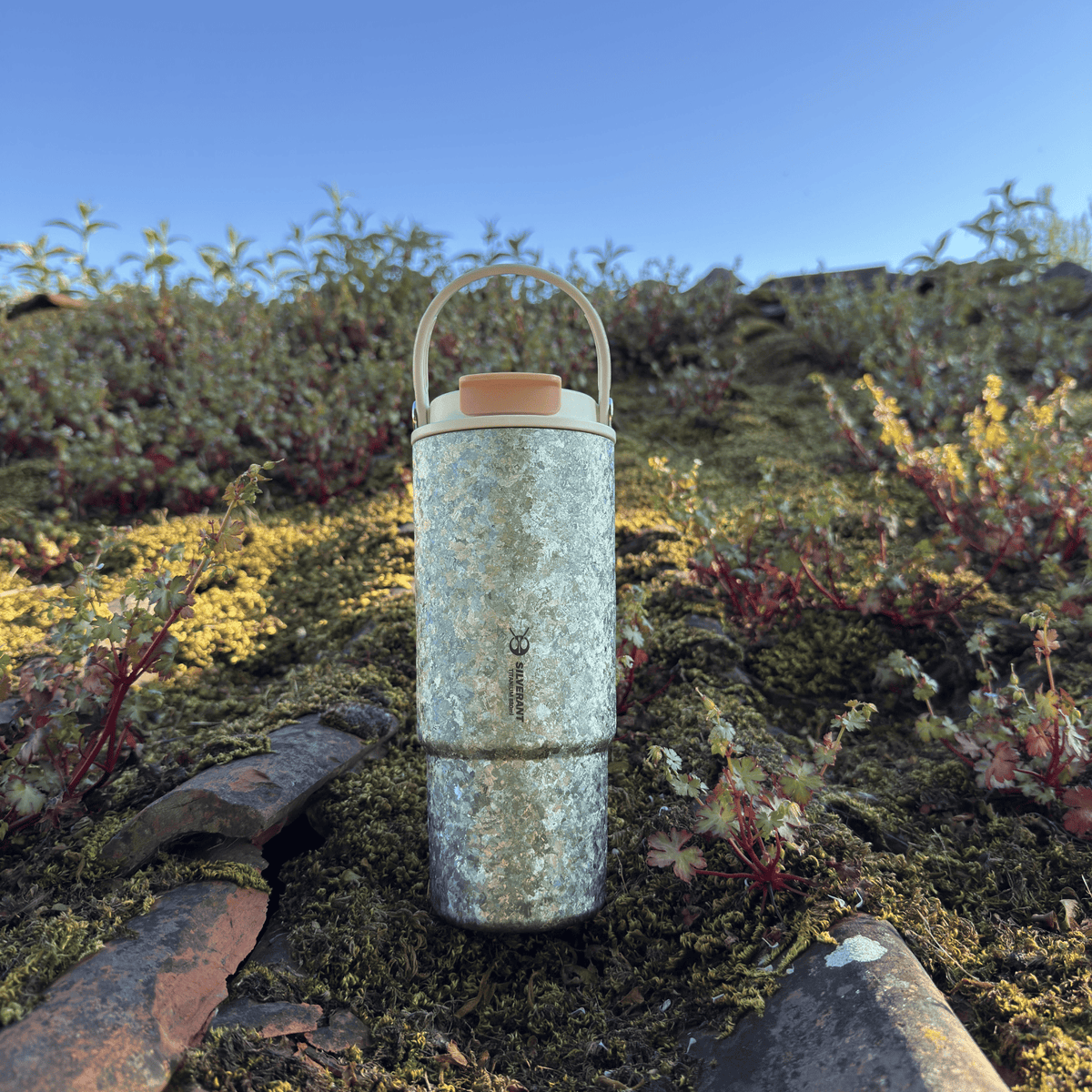 SilverAnt Crystallized Titanium Insulated Tumbler 880ml / 29.76 fl oz - Seafoam Green (actual product photo, placed atop a roof with lots of greeneries)