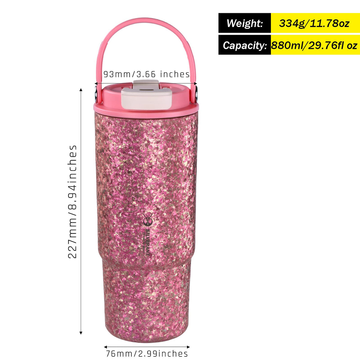 SilverAnt Crystallized Titanium Insulated Tumbler 880ml / 29.76 fl oz – Iridescent Pink (weight, dimensions, and capacity)