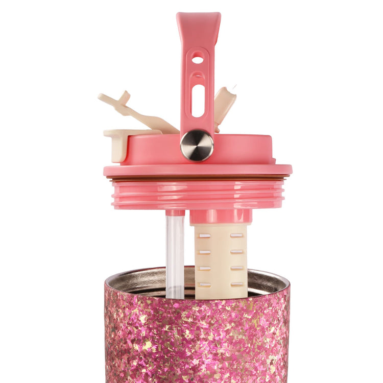
                  
                    SilverAnt Crystallized Titanium Insulated Tumbler 880ml / 29.76 fl oz – Iridescent Pink (side view, opened showing straw, filter, handle)
                  
                