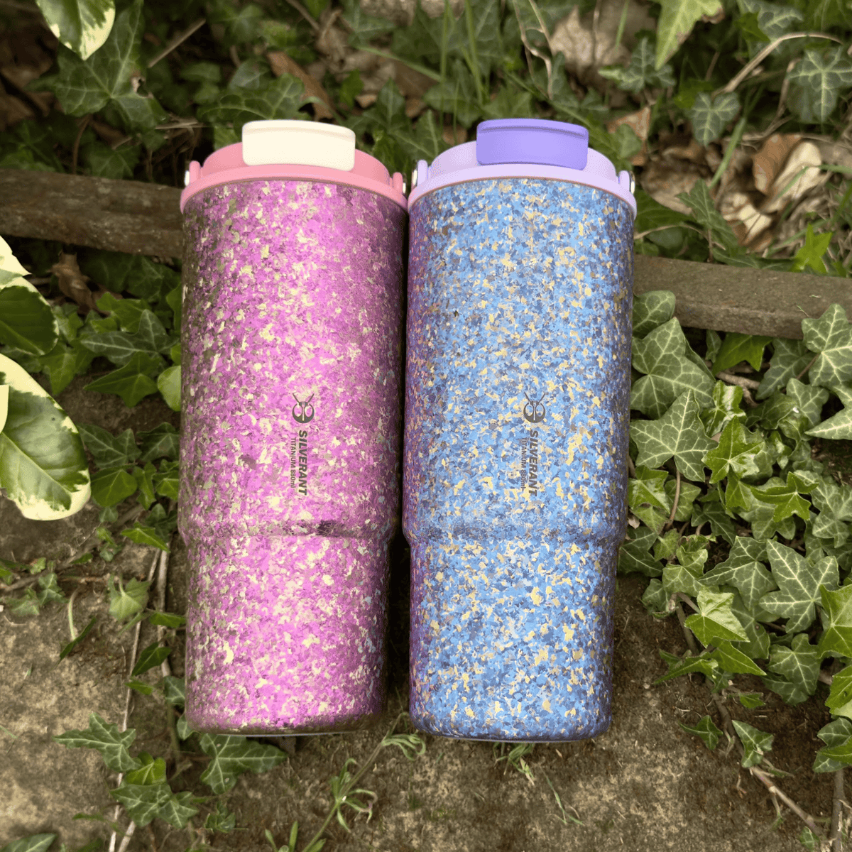 SilverAnt Crystallized Titanium Insulated Tumbler 880ml / 29.76 fl oz - Iridescent Pink (side-by-side with Blue-Violet, actual product photo)
