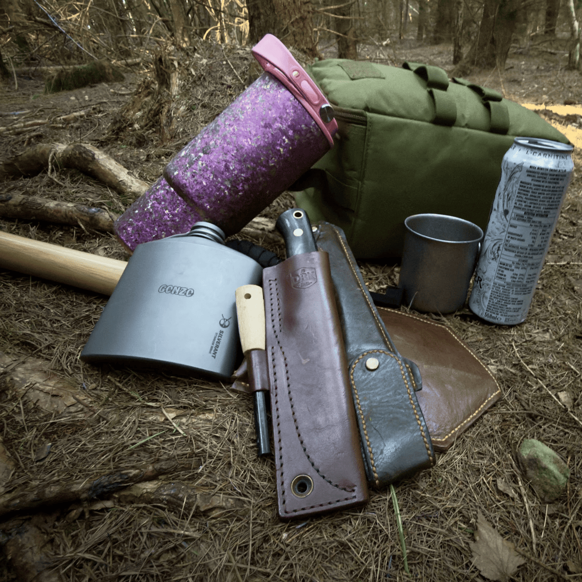 SilverAnt Crystallized Titanium Insulated Tumbler 880ml / 29.76 fl oz - Blue/Violet (actual product photo, shown with other camping/bushcraft gear)