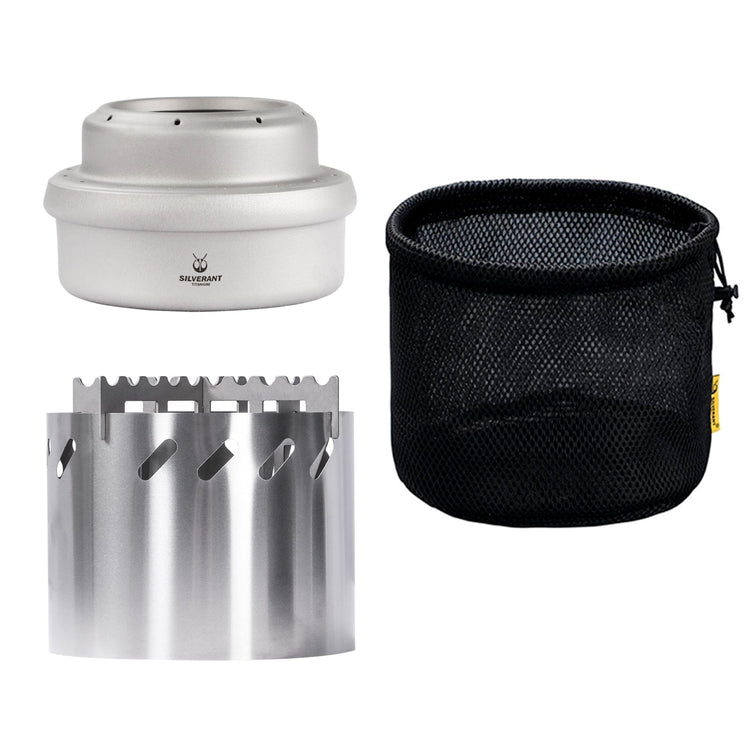 
                  
                    SilverAnt Ultralight Titanium Multi-Fuel Alcohol Stove Kit - Stove, cross stand, and windshield with drawstring mesh bag (included with purchase)
                  
                