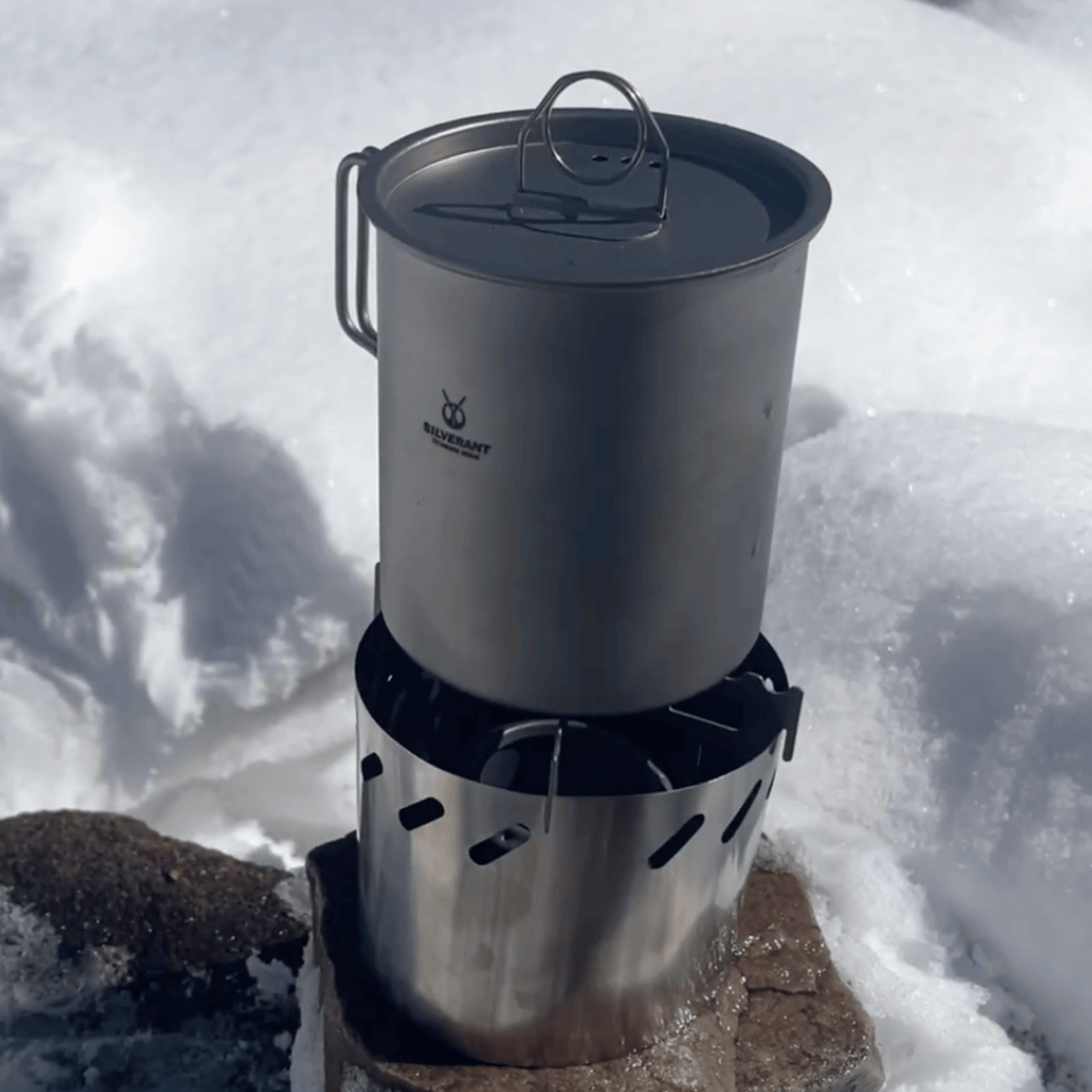 SilverAnt Ultralight Titanium Multi-Fuel Stove & Cup Kit - In-use (Winter camping, snow) with SilverAnt Ultralight Titanium Cup With Lid 500ml