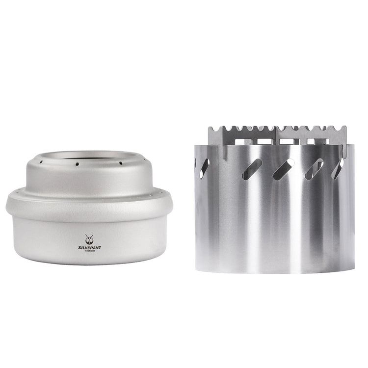 SilverAnt Ultralight Titanium Multi-Fuel Stove & Cup Kit - alcohol stove, cross stand, and windshield on white background