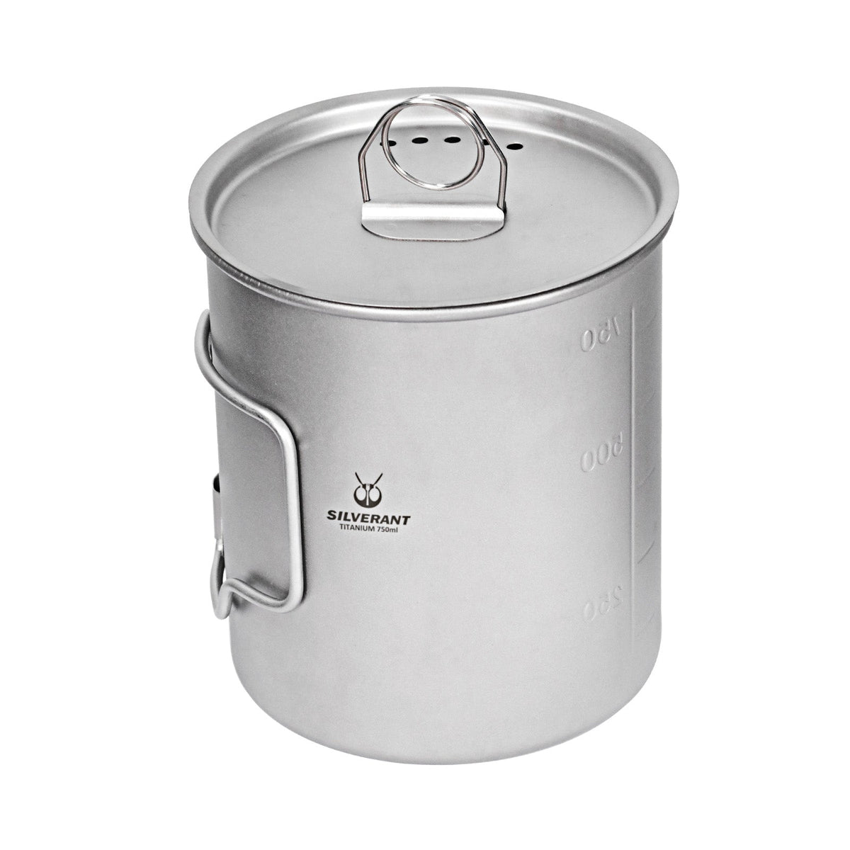 SilverAnt Ultralight Titanium Pot 750ml/25 fl oz with Lid - Alternate angle side view, showing gradation marks on side
