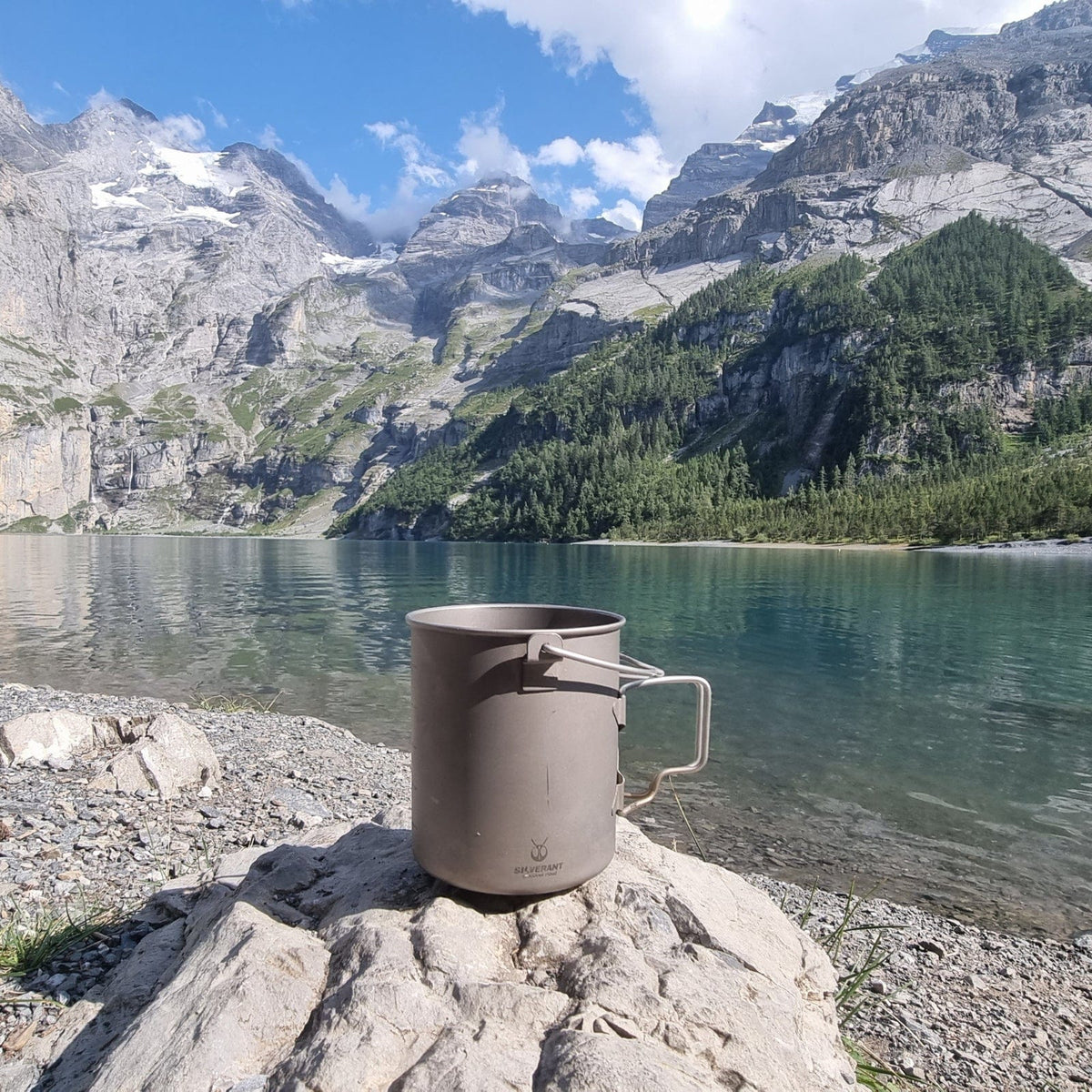 SilverAnt Ultralight Titanium Pot 750ml/25 fl oz with Lid and Bail Handle - In-Use (Mountain view, beautiful background, lake)