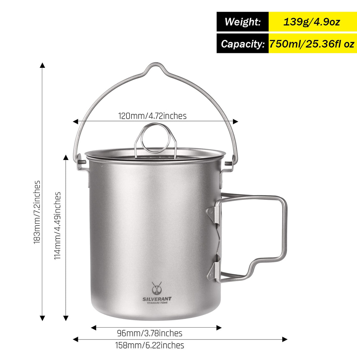 SilverAnt Ultralight Titanium Pot 750ml/25 fl oz with Lid and Bail Handle with dimensions