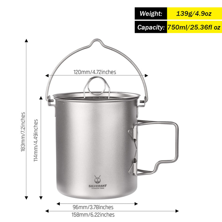 
                  
                    SilverAnt Ultralight Titanium Pot 750ml/25 fl oz with Lid and Bail Handle with dimensions
                  
                