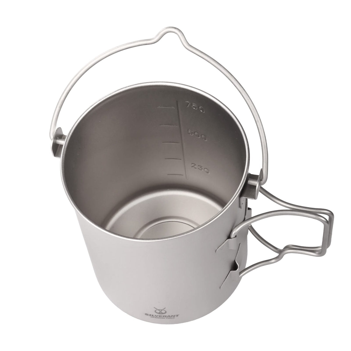 SilverAnt Ultralight Titanium Pot 750ml/25 fl oz with Lid and Bail Handle - with measurement markings on a white background