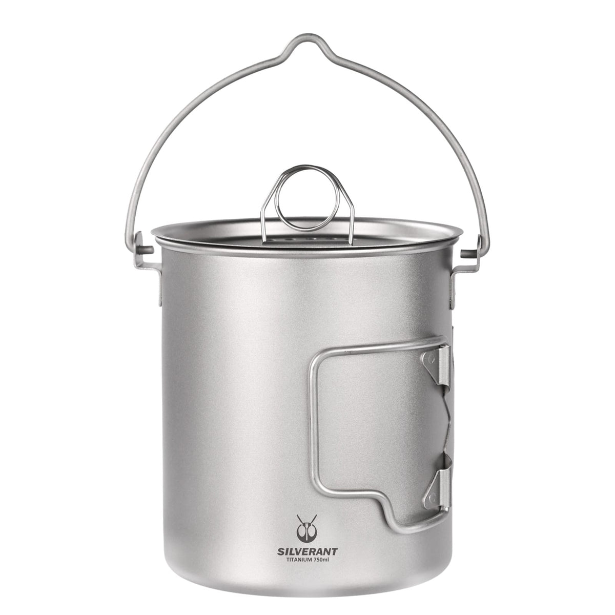 SilverAnt Ultralight Titanium Pot 750ml/25 fl oz with Lid and Bail Handle - folded handles on a white background