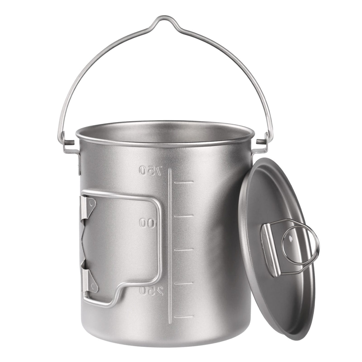 SilverAnt Ultralight Titanium Pot 750ml/25 fl oz with Lid and Bail Handle - on a white background showing gradient measurement marks, back view
