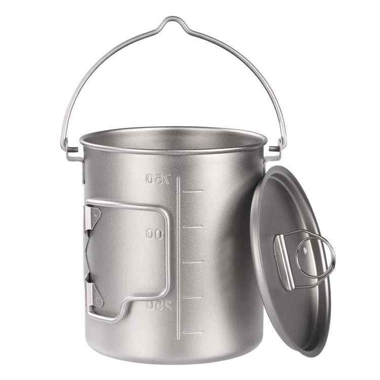 
                  
                    SilverAnt Ultralight Titanium Pot 750ml/25 fl oz with Lid and Bail Handle - on a white background showing gradient measurement marks, back view
                  
                