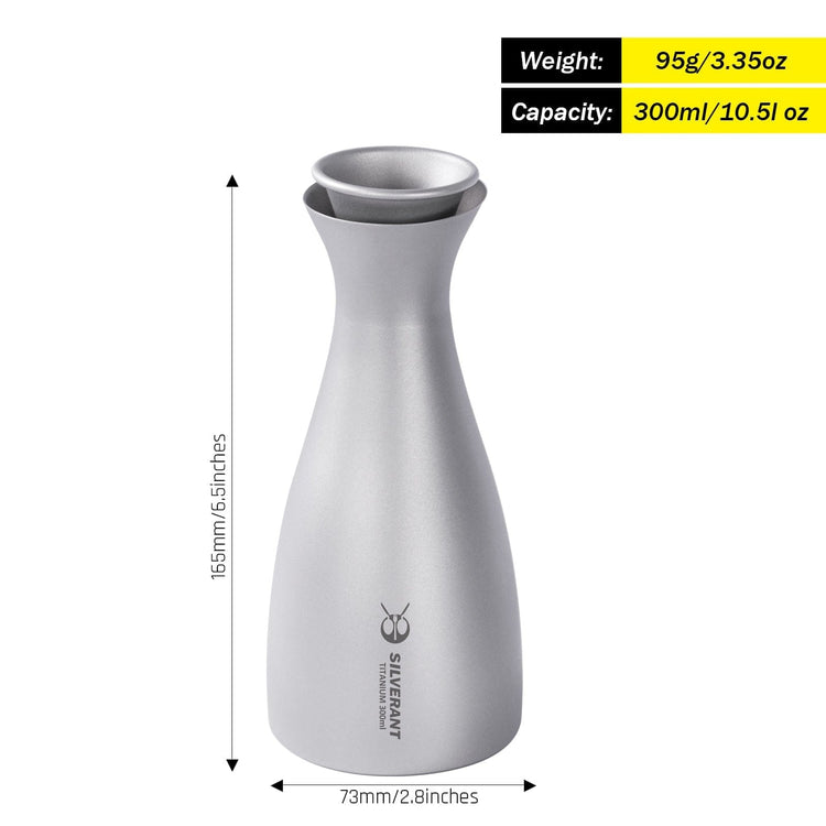 SilverAnt Ultralight Titanium Sake Bottle 330ml/10.5 fl oz with weight, dimensions, and capacity