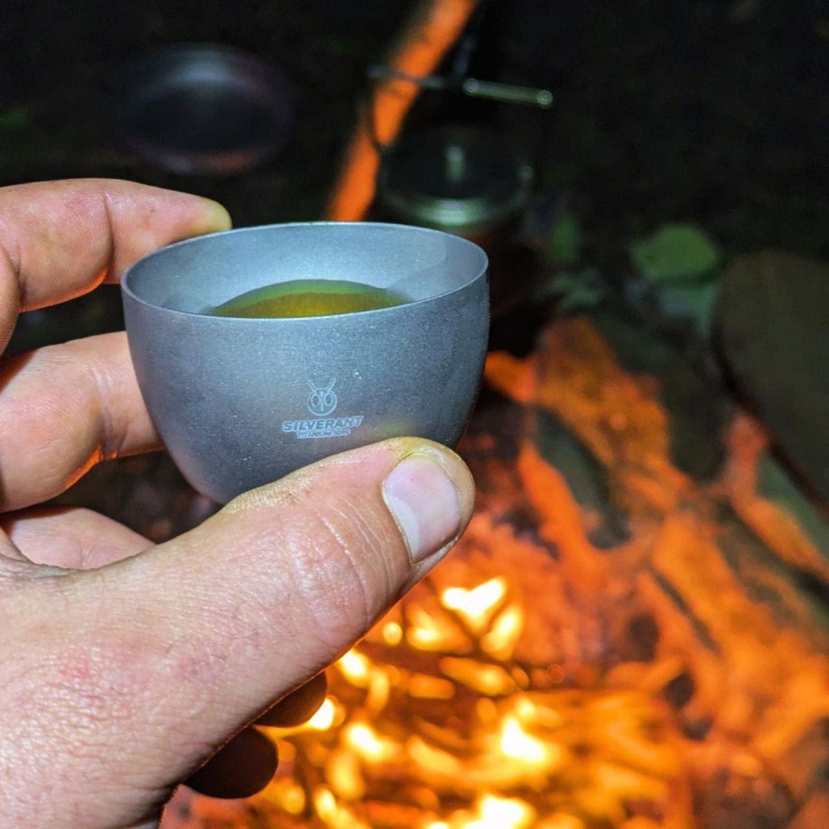 SilverAnt Ultralight Titanium Shot Glass Sandblasted - Actual product photo, in use, on hand